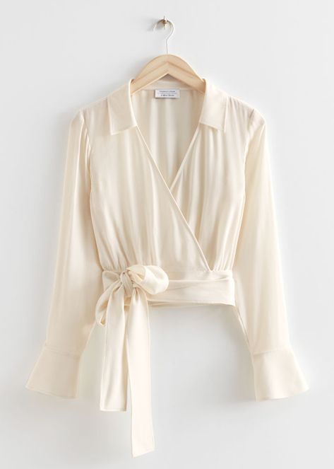 Belted Wrap Top - White - Blouses - & Other Stories US Ruffle Shirts Blouses, Ruffle Trim Top, White Cotton Blouse, Black Lace Blouse, Trendy Denim, Black Sheer Top, Black Sleeveless Top, Chic Blouses, Simply Chic