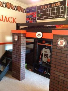 Baseball Dugout Bunk Bed Baseball Bedroom Decor, Baseball Themed Bedroom, Themed Bedroom Ideas, Baseball Bed, Stair Plan, Baseball Bedroom, Sport Bedroom, Baseball Room, Baseball Gear