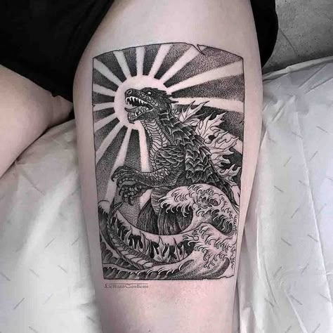 30 Best Godzilla Tattoo Ideas  1 Godzilla Tattoo, Water Lily Tattoos, Japanese Tattoo Designs, Dot Work Tattoo, Aesthetic Tattoo, Black Ink Tattoos, Blackwork Tattoo, Tattoo Stencils, Japanese Tattoo