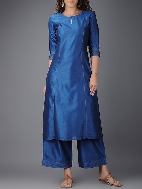 Blue Round Neck Chanderi Kurta on Jaypore.com Plain Kurti Designs, Salwar Design, डिजाइनर कपड़े, Silk Kurti Designs, Design Kurta, Kurta Patterns, Silk Kurti, Simple Kurta Designs, Kurti Patterns