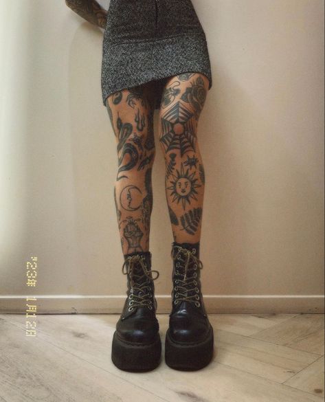 Medium Leg Tattoos, Rear Leg Tattoo, Tattoed Legs Woman, Tattooed Legs Women, Leg Tattoo Placement For Women, Leg Patch Work Tattoo, Lower Shin Tattoo, Ladies Leg Tattoos, Tattoo Legs Woman