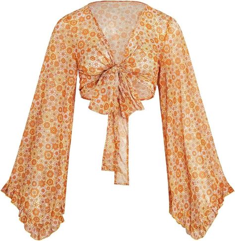 Verdusa Women's 70s Floral Print Tie Front Mesh Cover Up Long Bell Sleeve V Neck Crop Boho Blouse Multicolor Medium at Amazon Women’s Clothing store 70s Blouse, Mesh Cover Up, 70s Floral, Boho Blouse, Floral Sleeve, Printed Ties, Boho Blouses, Amazon Women, Bell Sleeve