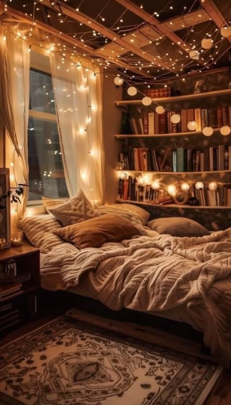 Dark Cosy Room Aesthetic, Bedroom Lighting Night, Notebook Therapy, Cozy Lighting, Bedroom Vibes, Fall Bedroom Decor, Fairy Lights Bedroom, Cosy Bedroom, Lighting Bedroom