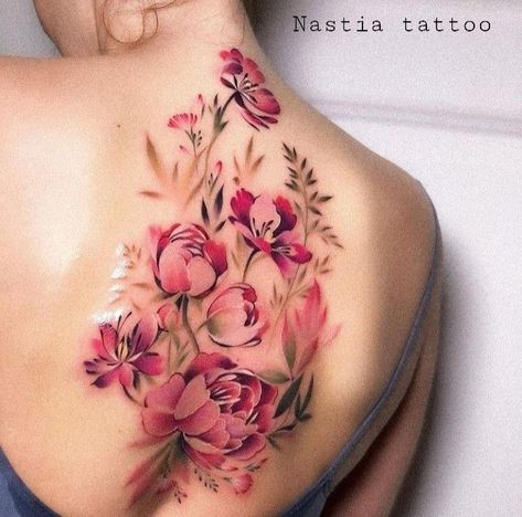 Tattoo Fix Before And After, Colorful Floral Shoulder Tattoo, Best Feminine Tattoos, Watercolor Flower Tattoo, Tatuaje Cover Up, Rose And Butterfly Tattoo, Red Tattoo Ideas, Floral Back Tattoos, Red Ink Tattoo