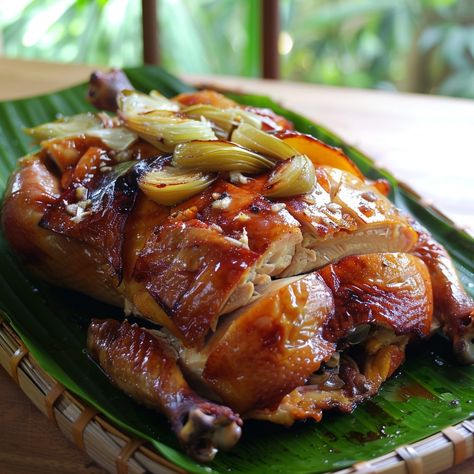 🍗 Relish the savory taste of Lechon Manok! 🌟✨ #LechonManok #RoastedChicken Lechon Manok (Roasted Chicken) Ingredients: Whole chicken (3-4 lbs) Soy sauce (1/4 cup) Calamansi juice or lemon juice (2 tbsp) Garlic, minced (4 cloves) Onion, chopped (1) Black pepper (1 tsp) Bay leaves (2) Butter, melted (2 tbsp) Salt (to taste) Banana leaves (for wrapping, optional) Instructions: Preheat oven to 375°F (190�°C). In a bowl, mix soy sauce, calamansi juice, garlic, onion, black pepper, and bay leave... Lechon Manok, Pan Roast, Calamansi Juice, Instagram Recipes, Twisted Recipes, Trending Recipes, Banana Leaves, Bay Leaves, Whole Chicken