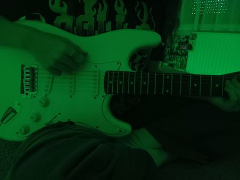 Green Instruments Aesthetic, Green Electric Guitar Aesthetic, Electric Green Aesthetic, Green Guitar Aesthetic, Green Boy Aesthetic, Green Music Aesthetic, Y2k Green Aesthetic, Negative Aesthetic, Gamer Boys Aesthetic