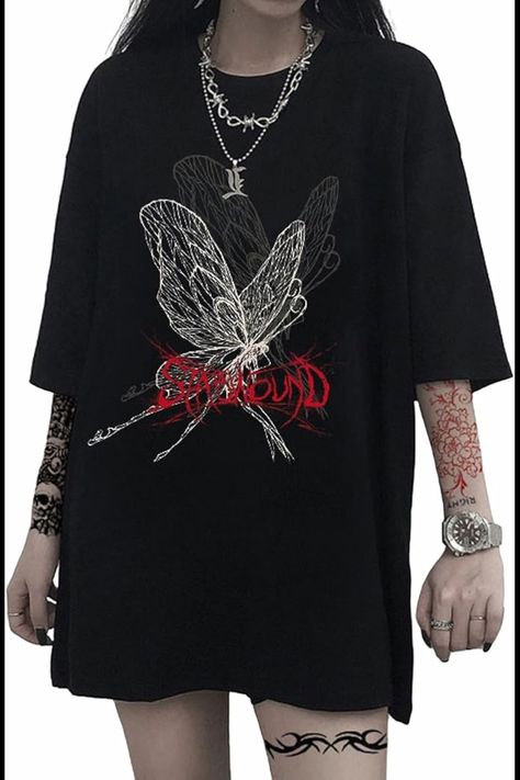 The shirt’s charm lies in its oversized fit and the striking contrast between the delicate white butterfly graphic and the bold red Gothic script, creating a whimsical yet edgy aesthetic.  #Gothic #Koreanstlye #butterfly #Plussize #T-Shirt  #Shirt #Oversize #Aesthetic #Punk Asian Goth, Emo T Shirt, Gothic Script, Harajuku Clothes, Dark Punk, Red Gothic, Gothic Shirts, Y2k Harajuku, Clothes Plus Size