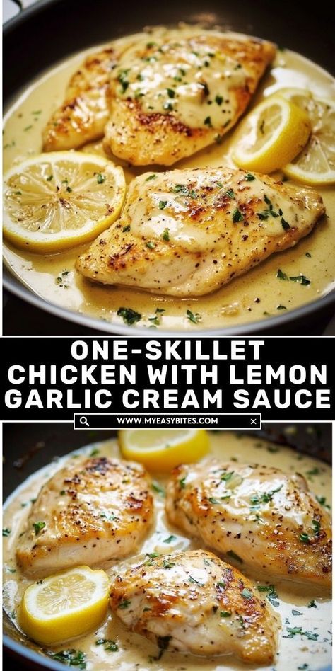 This One-Skillet Chicken with Lemon Garlic Cream Sauce is a flavorful and easy weeknight dinner. Tender chicken breasts in a creamy, zesty sauce—simple, yet impressive! Chicken With Creamy Lemon Sauce, Chicken In Lemon Cream Sauce, Healthy Lemon Cream Sauce, Lemon Cream Sauce For Chicken, Simple Chicken Breast Recipes For Dinner, Chicken In Cream Sauce Recipes, Chicken Breast Recipes With Sauce, Chicken Breast Recipes Lemon, Chicken With Sauce Recipes