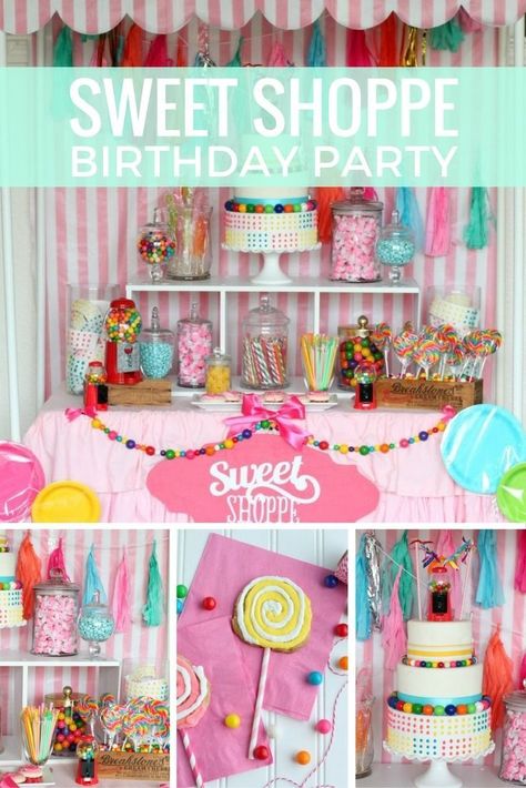 Treats For Dessert Table, Candy Shoppe Birthday Party, Seven Is Sweet Birthday, Seven Is So Sweet Birthday Theme, Candy Shop Birthday Party Ideas, Sweets Party Theme, Sweet Treat Birthday Party Theme, Sweet And Sassy Birthday Party, Six Is So Sweet Birthday