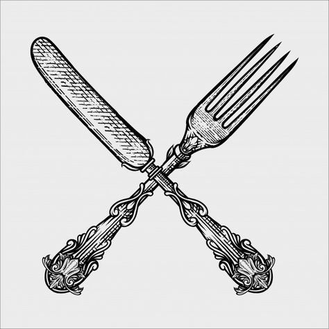 Butter Knife Tattoo, Art For Restaurants, Hand Holding Fork Drawing, Food Vintage Illustration, Fork Design, Knife And Fork Tattoo, Fork And Knife, Vintage Food Illustration, Vintage Fork Tattoo