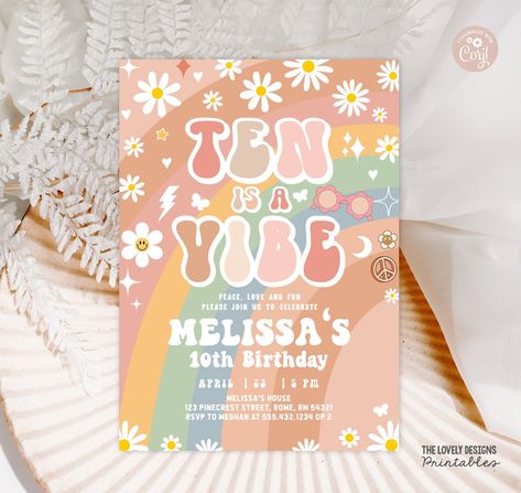 Peace Love Party, 10th Birthday Invitation, 70's Party, Groovy Rainbow, 70s Party, Party Invitations Printable, 10th Birthday Parties, 11th Birthday, Invitation Sizes