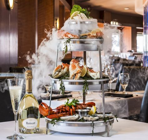 Eat This Now: Seafood Tower and Champagne at Ocean Prime - D Magazine Ocean Prime, Seafood Tower, Plate Presentation, Prime Steak, Fresh Oysters, Charcuterie And Cheese Board, Food Stations, Party Menu, Spring Table