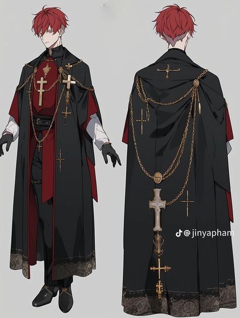 Anime Priest Outfit, Merchant Outfit Male, Royal Servant Outfit Male, Gothic Victorian Character Design Male, Priest Oc Male, Priest Outfit Drawing, Servant Outfit Male, Male God Outfit, Fantasy Suit Design