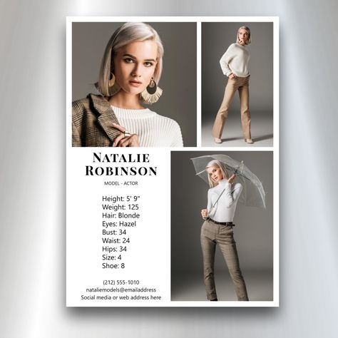 Model Actor 3 Photo Pro Comp Card Template White Comp Card Examples, Model Comp Card Poses, Actor Portfolio Design, Print Fashion Runway, Model Resume, Actor Portfolio, Model Portfolio Examples, Acting Portfolio, Resume Models