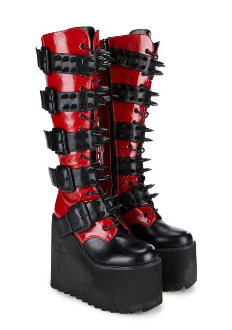 Black And Red High Heels, Six The Musical Boots, Cherry Red Boots, Spiked Boots, Stile Punk Rock, Witchy Boots, Alt Shoes, Red Clothing, Goth Shoes