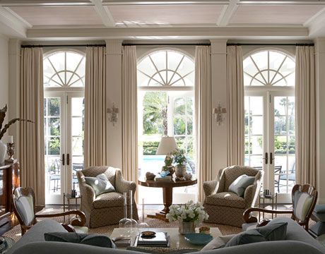 french doors with panels Romantic Interior Design, Aesthetics Beach, Atlanta Condo, Palladian Window, Fancy Living Rooms, Wallpapers Home, Unique Window, Wallpaper Beach, Beach Living Room