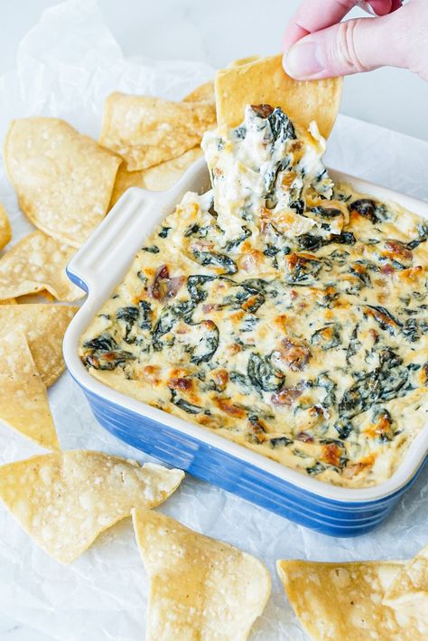 Cheesy Kale, Spinach, and Bacon Dip – Sauced Kitchen Kale Dip Cream Cheese, Kale Dip Recipes, Spinach Dips, Kale Dip, Garden Salads, Bacon Kale, Midnight Munchies, Spinach And Bacon, Vegan Apps