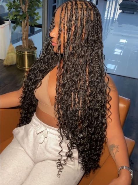 Bohemian Braids With Curly Ends, Aesthetic Hair Braids, Tiny Goddess Braids, Long Box Braids With Curls, Long Bohemian Knotless Braids, Birthday Hairstyles Black Women, Knotless Curly Braids, Small Goddess Knotless Braids, Cute Birthday Hairstyles Black Women