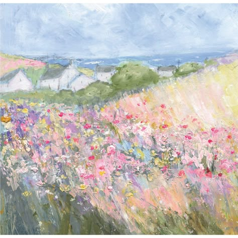 Spring Meadow Art Print by Sue Fenlon Square orientation Print size 460 x 450 mm Large white border around for framing Spring Garden Painting, Impressionist Flower Field, Painting Pastel Colors, Flower Landscape Painting, Pretty Flower Art, Uppfostra Barn, Meadow Art, Meadow Painting, Floral Landscape