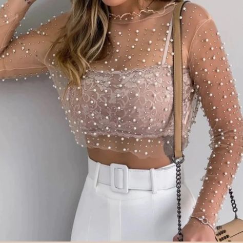 New With Tags Rhinestone Net Top Outfit, Elegant Tops Classy Formal, Bling Party Outfit, Pearl Outfit Classy, Girly Concert Outfit, Sheer Top Outfit Classy, Fringe Top Outfit, Sheer Blouse Outfit, Pearl Outfits