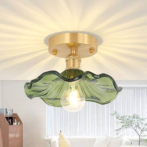 Shenmoyl Semi Flush Mount Ceiling Light, Gold Hallway Vintage Lights Fixture Ceiling with Green Water Lily Glass, Bulb Included, 4.72" Base Modern Ceiling Light Fixtures for Porch Kitchen Bedroom - Amazon.com Gold Hallway, Hallway Vintage, Porch Kitchen, Modern Ceiling Light Fixtures, Vintage Lights, Vintage Ceiling Lights, Flushmount Ceiling Lights, Vintage Light Fixtures, Overhead Lighting