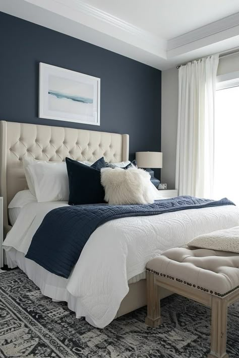 25 Navy Blue and Grey Bedroom Ideas We Love Navy Blue Headboard Bedroom Ideas, Blue Headboard Bedroom Ideas, Blue Headboard Bedroom, Navy Blue Headboard, Glamorous Bedroom Decor, Navy Blue Bedroom Ideas, Headboard Bedroom Ideas, Navy Blue Bedroom, Navy Bedrooms