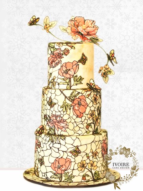 Stained Glass Birthday Cake, Stained Glass Cakes, Stained Glass Cake Ideas, Stained Glass Wedding Cake, Stained Glass Wedding Decor, Art Nouveau Cake, Stained Glass Cake, Stained Glass Wedding, Beautiful Cake Designs