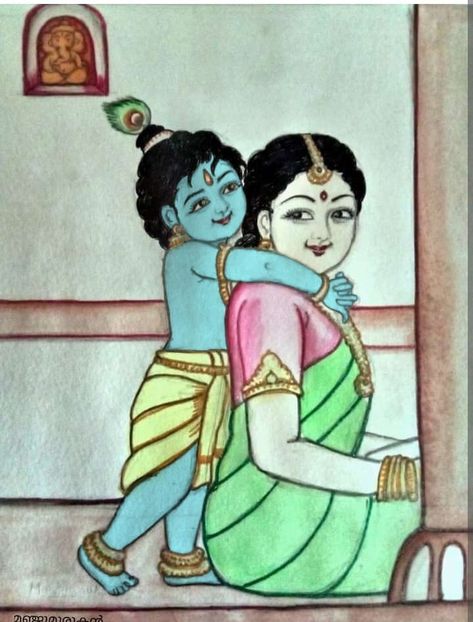 Yashoda Krishna Drawing Easy, Krishna And Yashoda Images, Yashoda Krishna Drawing, Radhe Krishna Rangoli Designs, Radha Krishna Drawing Easy, Scenery Drawing For Kids, Buddha Art Drawing, Modern Art Canvas Painting, Krishna Drawing