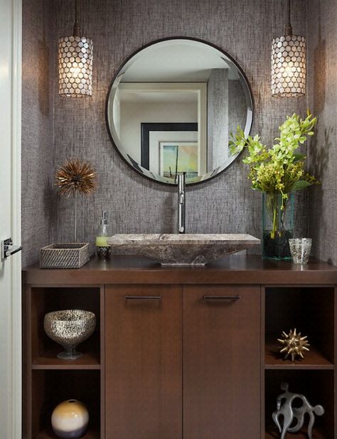 Tuscan Bathroom Decor, Transitional Powder Room, Powder Room Design Ideas, Contemporary Powder Room, Tuscan Bathroom, Powder Room Decor, Washbasin Design, Powder Room Design, Bad Inspiration