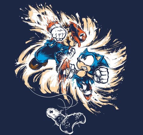 Mario vs Sonic Mario Vs Sonic, Mario And Sonic, Geek Shirts, Nerd Fashion, Pop Culture Tshirts, 16 Bit, Aviation Art, Sonic Art, Video Game Art