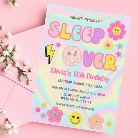 $2.92 | Preppy Pastel Pink Y2K Sleep Over Party Birthday #preppy, y2k, happy face, retro, groovy, preppy birthday invitation, slumber party, sleep over birthday invitation, girl pastel neon cute pajama, preppy sleep over party invitation Pastel Party Invitations, Preppy Bday Invitations, Preppy Birthday Invitations, Happy Face Birthday Party, Preppy Party Ideas, Preppy Party Decorations, Birthday Preppy, Preppy Birthday Party, Small Birthday Parties