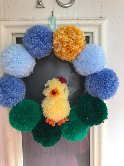 Lovely simple pom Pom wreath. Glue gunned to a custom made cardboard backing. Backing was fully covered with masking tape and then wrapped with wool. Pom Wreath, Pom Pom Wreath, Glue Gun, Masking Tape, Glue, Pom Pom, Wreath, Custom Made, Easter