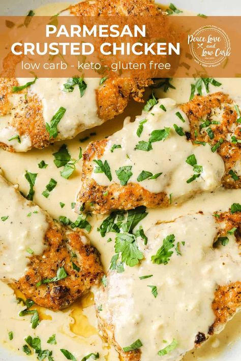 This Parmesan Crusted Chicken with Lemon Cream Sauce is the perfect quick and easy weeknight meal. Tender, juicy chicken breast, coated in crispy parmesan cheese and herbs, tops with a rich lemony cream sauce. It is the perfect low carb, keto alternative to breaded and fried chicken. Chicken In Lemon Cream Sauce, Chicken In Parmesan Cream Sauce, Parmesan Crusted Chicken With Lemon Cream Sauce, Parmesan Crusted Chicken And Pasta, Lemon Parmesan Cream Sauce, Parmesan Crusted Chicken With Garlic Cream Sauce, Chicken Lemon Sauce, Lemon Parm Chicken, Lemon Crusted Chicken