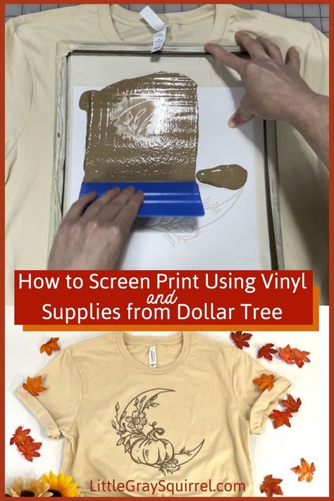 Swiping fabric paint across a silkscreen made from vinyl and supplies from Dollar Tree to screen print on a shirt.  Also an image of a finished screen printed shirt with a moon, pumpkin, flowers, and leaves. Silk Screen Printing Diy, Diy Shirt Printing, Screen Printing Supplies, Tshirt Printing Business, Fabric Paint Shirt, Diy Screen Printing, Stencil Fabric, Screen Printing Art, Stencil Font