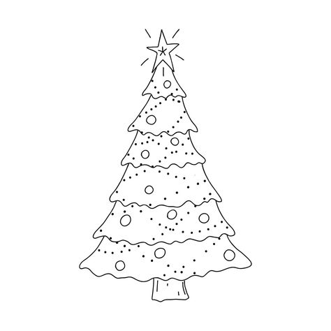 Decorated Christmas tree in Doodle style. The sketch is hand-drawn and isolated on a white background. Element of new year and Christmas design. Outline drawing. Black-white vector illustration Christmas Tree Outline Drawing, New Year Tree Drawing, Hand Drawn Christmas Tree, Christmas Tree Doodles, Christmas Tree Doodle, Event Campaign, Crismas Tree, Christmas Tree Sketch, Christmas Tree Outline