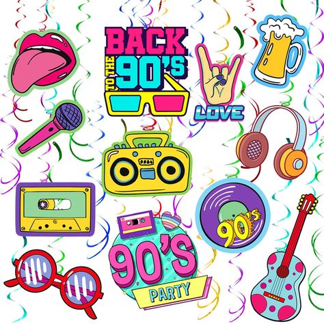 '90s party decor. Back To The 90s Party Decor, Ceiling Hanging Decor, 90s Theme Party Decorations, 90s Party Decorations, 1990s Nostalgia, Throwback Party, 90s Icons, Nostalgic 90s, 90s Theme Party