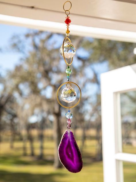 Agate Sun Catcher|Violet-view1 Colorful Boho Home, Colorful Stationery, Rainbow Prism, Purple Agate, Crystal Suncatchers, Boho Home Decor, Prisms, Agate Crystal, Natural Life