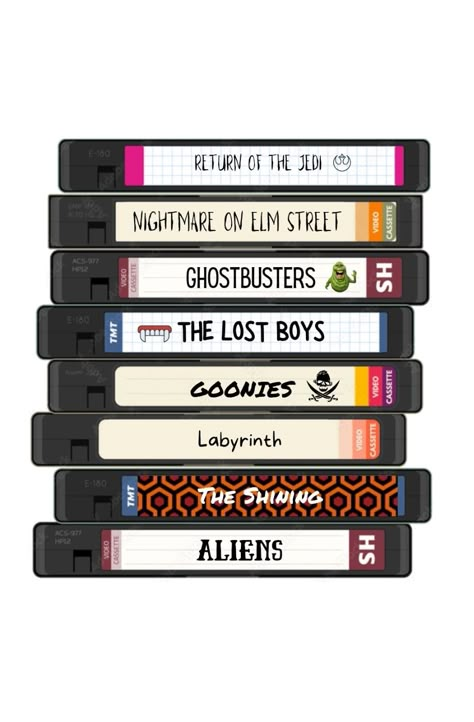 Stack of VHS / video tapes of movies from the 80s Stack Of Vhs Tapes, Stacked Cassette Tapes, Stack Of Cassette Tapes, Vhs Cassette Art, Vhs Tapes Drawing, Casette Poster, Vhs Tape Art, Movie Tape Film, Vhs Tape Tattoo