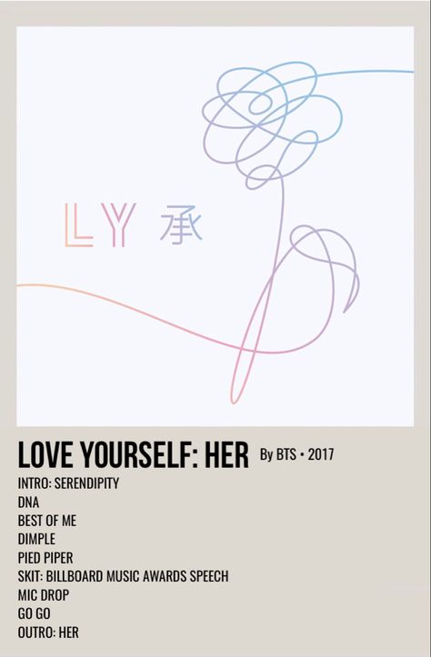 minimal polaroid album poster for love yourself: her by bts Her Album Poster, Bts Love Yourself Poster, H.e.r Album Cover, Love Yourself Album, Poster Polaroid, Award Speech, Minimalist Polaroid Poster, Posters Kpop, Bts Poster