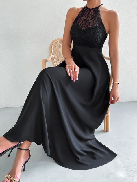 Contrast Lace Tie Backless A-line Dress | SHEIN USA Black Sleeveless Evening Dress, Black Tie Dresses For Women, Elegant Formal Dresses Classy, Classy Evening Dresses, Black Tie Cocktail Dress, Black Dresses Classy, Lace Tie, Black Bridesmaid Dresses, Black Evening Dresses