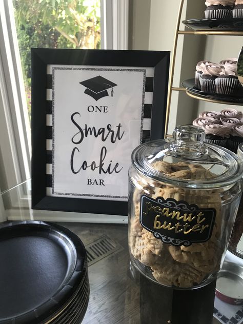 One Smart Cookie table One Smart Cookie Bar, Shes One Smart Cookie Graduation Party, One Smart Cookie Graduation Party, Law School Graduation Party, Graduation Treats, Graduation Party Desserts, Graduation Food, Law School Graduation, Graduation Party High