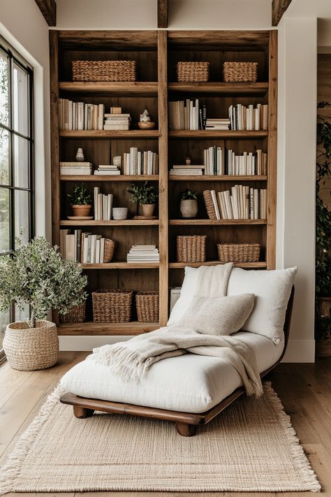 Books In Living Room Ideas, Home Decor Library Ideas, Built In Bookshelf With Ladder, Bookshelves Interior Design, Library Room Ideas Home Modern, Interior Design Library Home, Reading Lounge Room, Library Room Inspiration, Front Reading Room Ideas