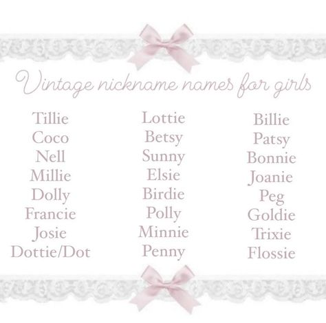 Stuffie Name Ideas, Flower Nicknames, Coquette Names Girl, Kawaii Nicknames, Cute Tiktok Names, Coquette Pet Names, Coquette Baby Names, Nickname Ideas Girl, Pretty Last Names For Characters