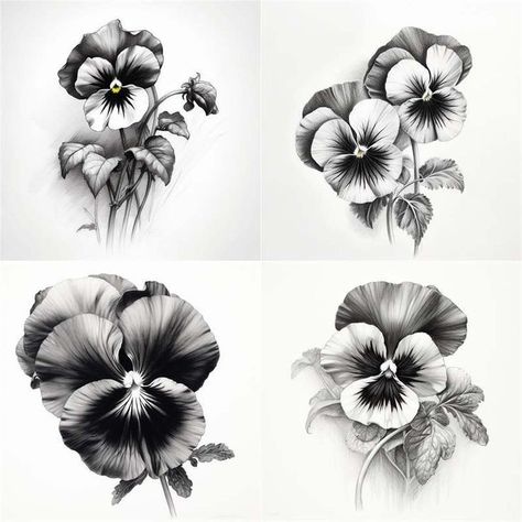 Violet Tattoo Black And White, Flower Tattoos Black And White, Tattoo Lessons, Pansy Flower Tattoo, Pansy Painting, Pansies Art, Pansy Tattoo, Violet Flower Tattoos, Black And White Flower Tattoo