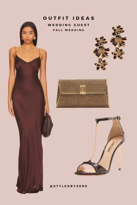 Bring on the brown at your fall weddings with a deep chocolate dress. Complimentary brown heels, dark gold/bronze clutch, and chocolate & gold earrings bring a delicious look to your wedding guest dress. Brown Dress Accessories Classy, Heels With Brown Dress, Wedding Guest Brown Dress, Brown Ball Dress, Dark Wedding Guest Dress, Chocolate Brown Wedding Guest Dress, Brown Dress Styling, Brown Dresses For Wedding, Brown Dress For Wedding