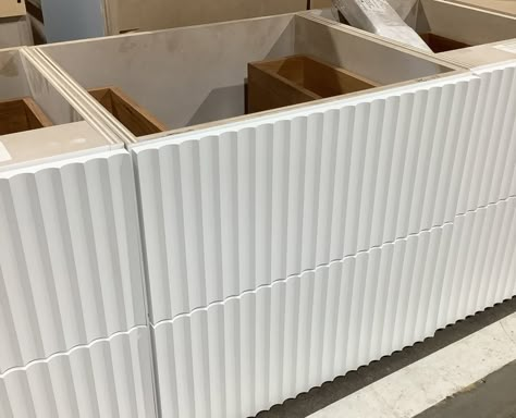 White Fluted Cabinet, Wavy Kitchen Cabinets, Fluted Panel Cabinet, Fluted Cabinet Doors, Fluted Cabinets, Reeded Cabinets, Fluted Kitchen Cabinets, Fluted Cabinet, Fluted Cabinet Door