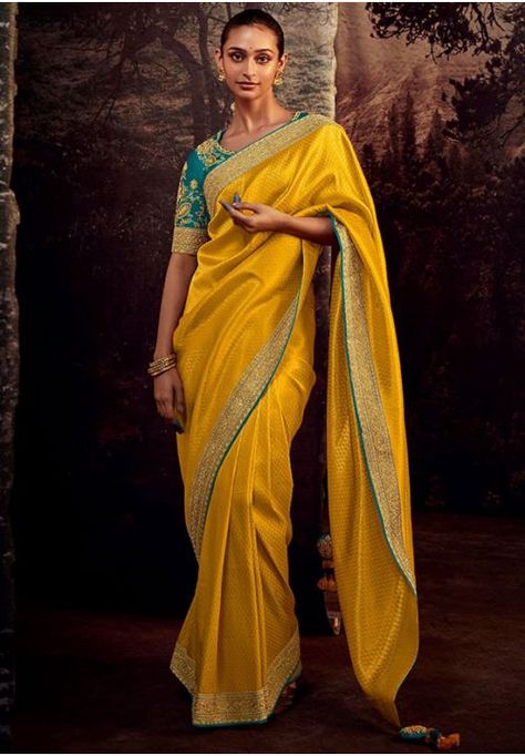 Mustard Yellow Heavy Designer Saree Yellow Saree With Contrast Blouse, Yellow Paithani Saree, Yellow Paithani, Yellow Sarees, Wedding Sarees Online, Fancy Fabric, Organza Silk Saree, Yellow Saree, Utsav Fashion