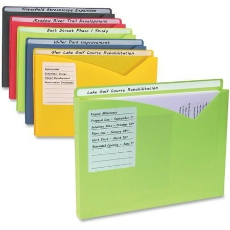 Expanding poly file folders make big filing jobs easier. Full-length tab and area on front allow easy identification of folder contents, thanks to write-on technology that works with pencil, ballpoint pen or permanent marker. Designer V-cut front provides convenient access to documents inside. Bright colors make it easy to find the folder you need with an assortment of amber orange, lime green, charcoal gray, raspberry red and steel blue. Folder is sealed on three sides and features a 1" expansi Office Organization Files, Office Organization At Work, Organizing Paperwork, Office Organizer, Organization Products, Document Storage, Organized Life, File Organization, Work Organization