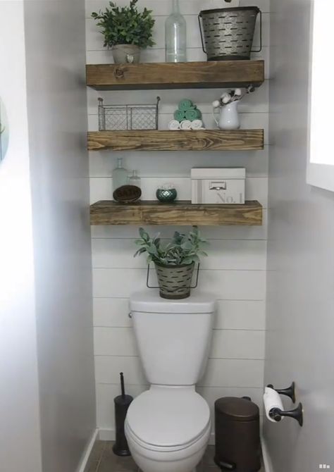 Shiplap Water Closet Half Bathroom Remodel, Wooden Shelving, Shiplap Bathroom, Bathroom Shelving, Bathroom Remodel Cost, Toilet Shelves, Downstairs Bathroom, Bathroom Redo, Half Bathroom