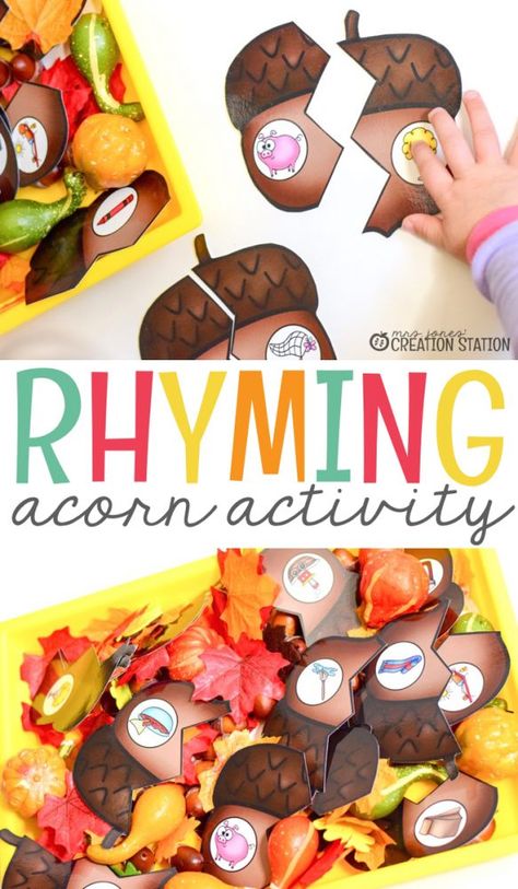 Rhyming Acorns Fall Literacy Activity - Mrs. Jones' Creation Station Fall Rhyming, Peaceful Preschool, Letter Fluency, Aba Classroom, November Centers, Thanksgiving Centers, Centers Kindergarten, Fall Sensory, Kinder Centers